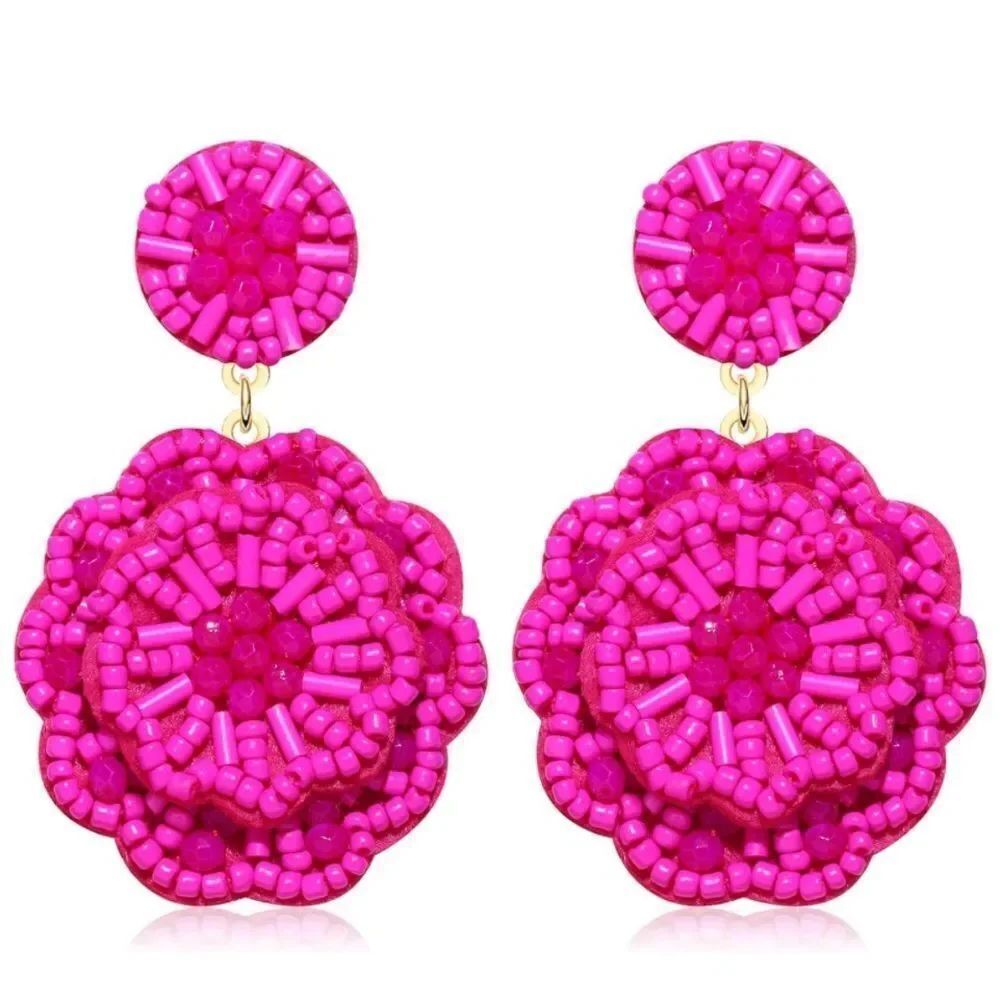Hot Pink Beaded Double Flower Boho Dangling Drop Statement Post Earrings